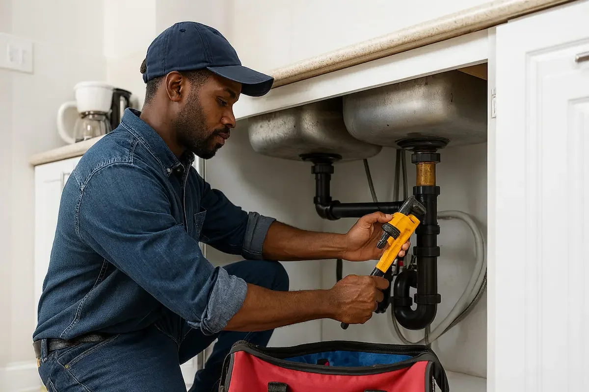 Plumber repairing pipes under a kitchen sink