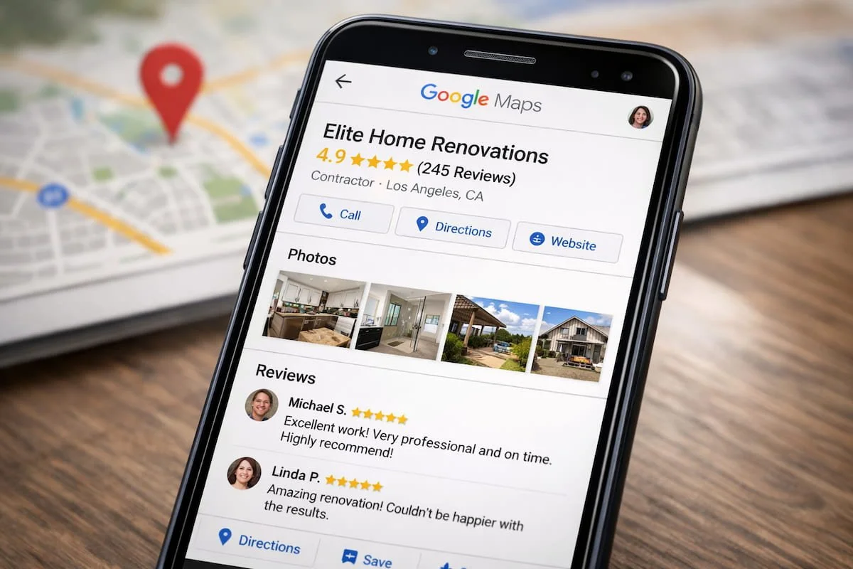 Google Maps contractor listing with project photos and strong reviews displayed.
