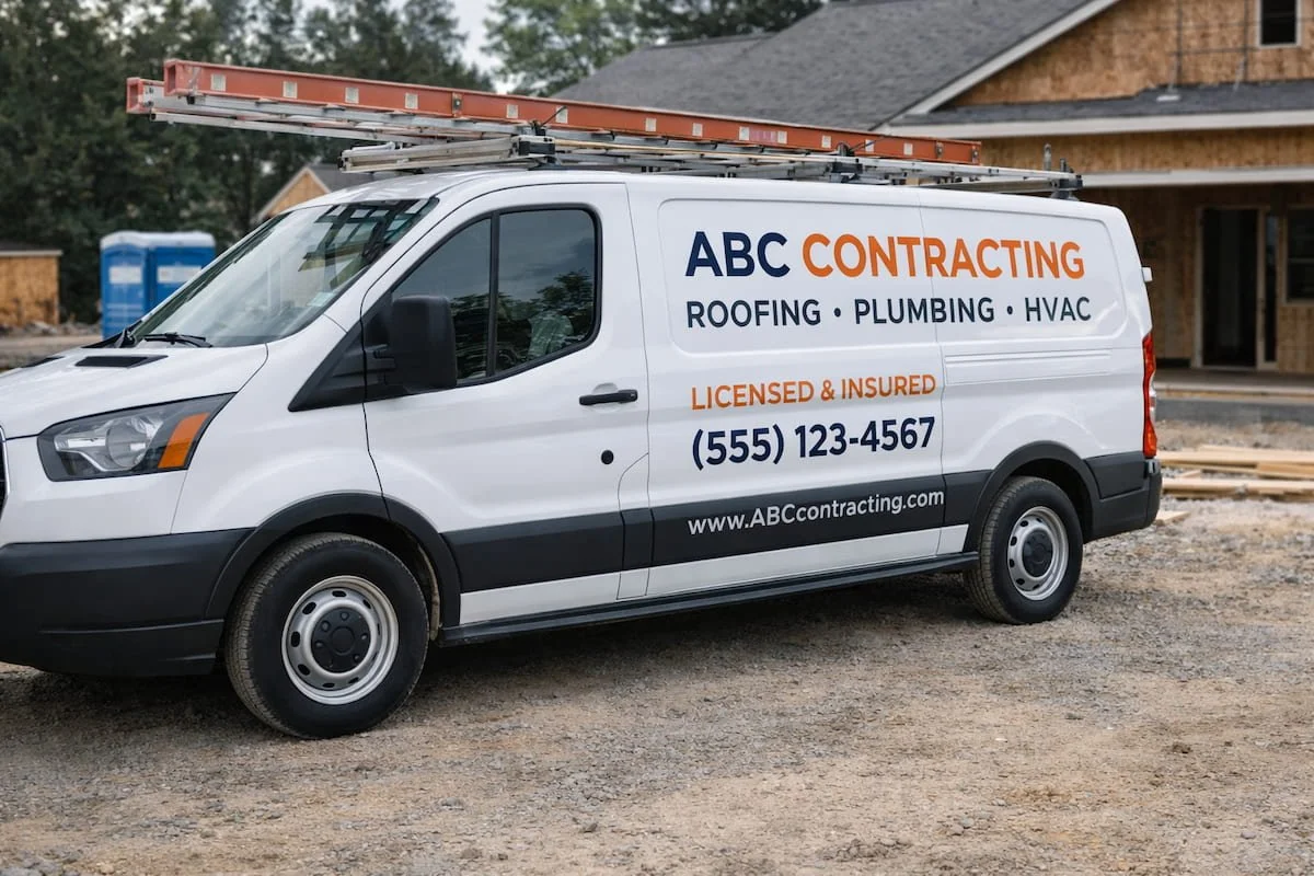 Contractor service van parked at a jobsite with business info visible on the door.