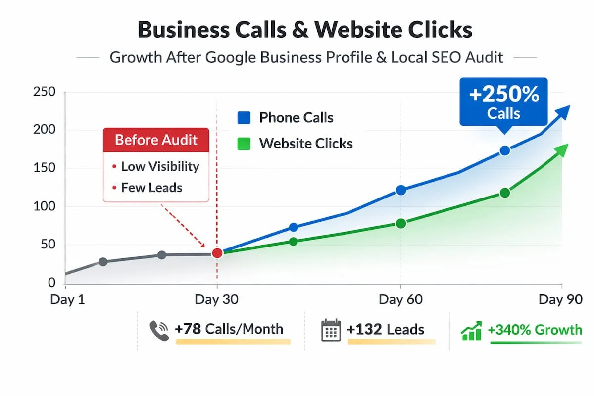 Line chart showing contractor call growth after a Google Business Profile audit and local SEO improvements.