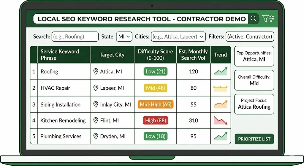 Keyword research dashboard showing local search data for roofing and HVAC contractor service terms