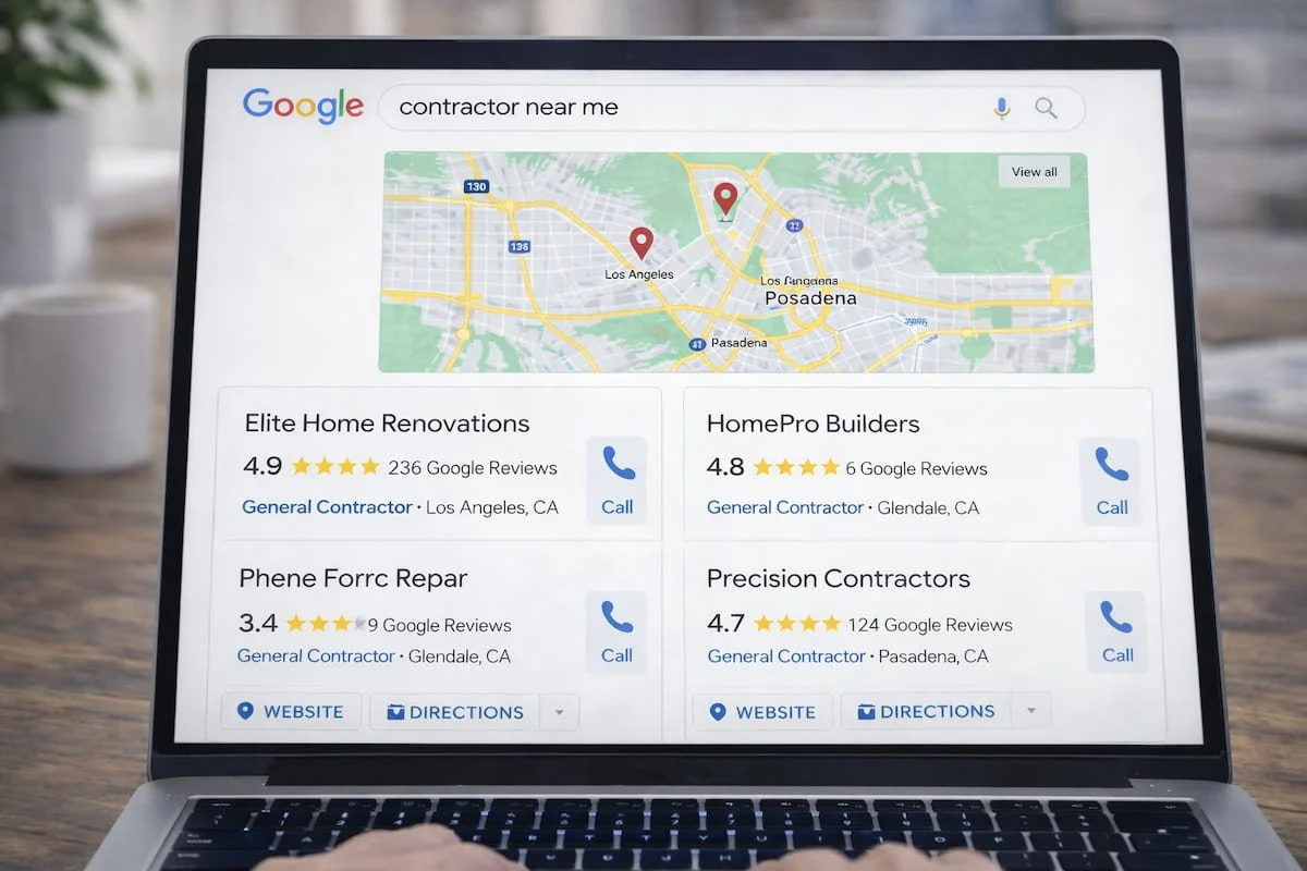 Google local pack results showing contractor listings for a “near me” search. Description: Local pack ranking for contractors.