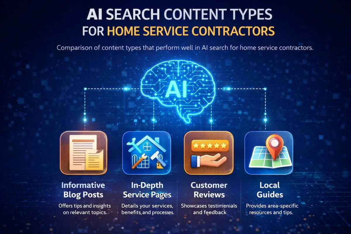 Comparison of content types that perform well in AI search for home service contractors.