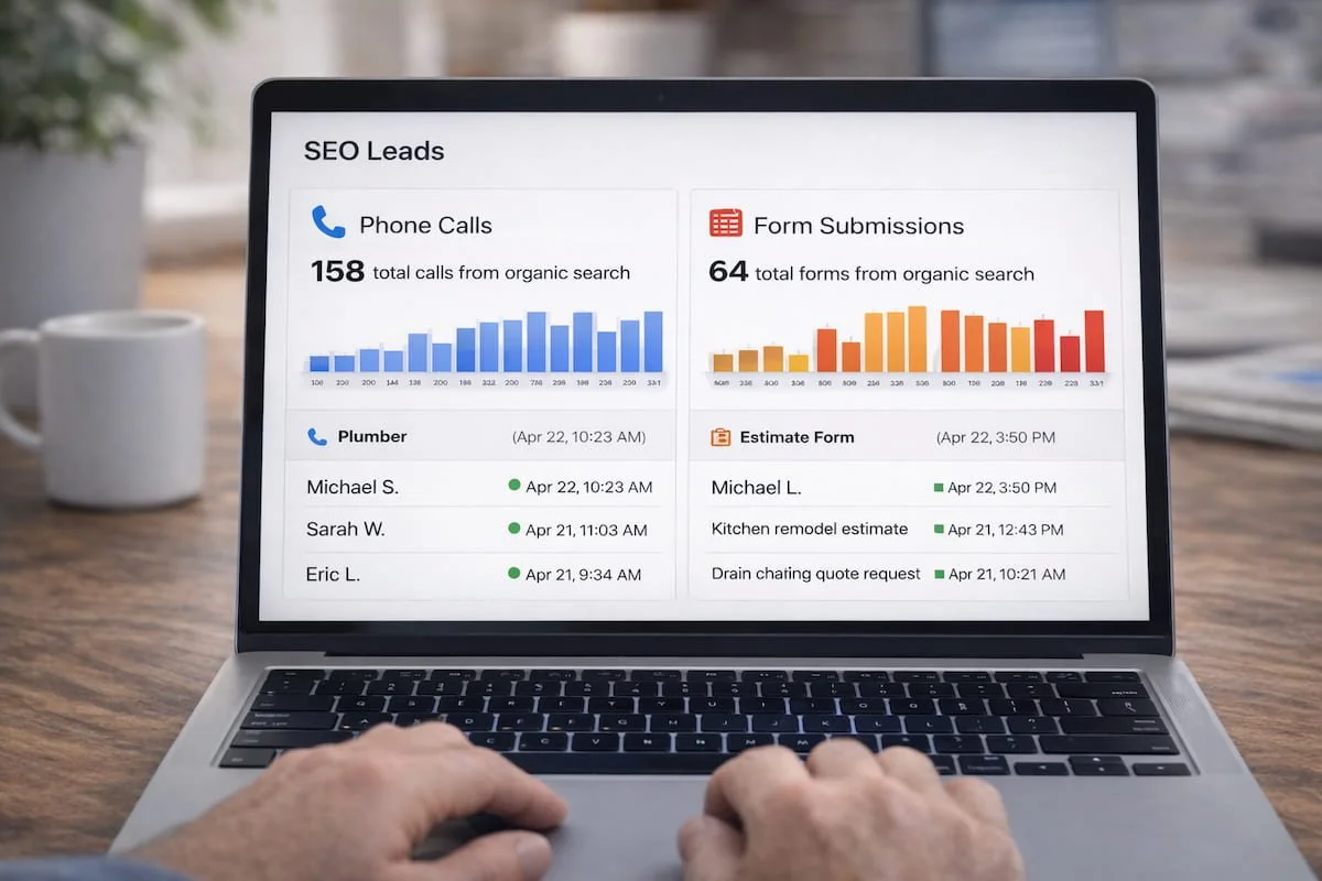 Contractor lead tracking showing calls and estimate form submissions from SEO.