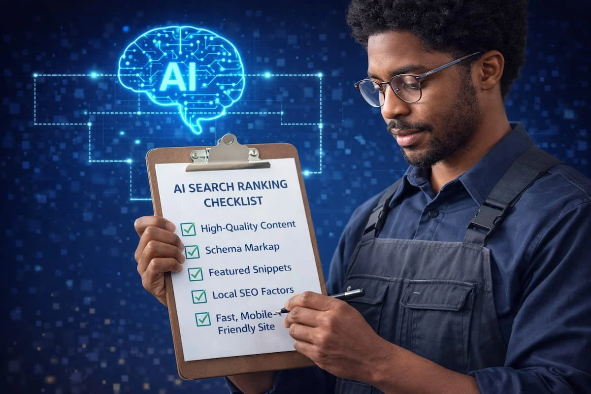 Home service contractor going through an AI search ranking and optimization checklist.
