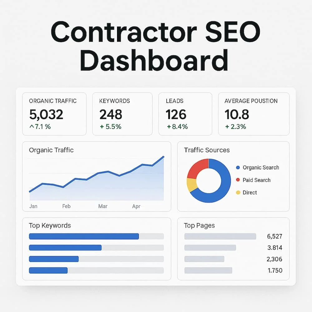 Contractor reviewing SEO score dashboard on laptop for Dawla Marketing audit.