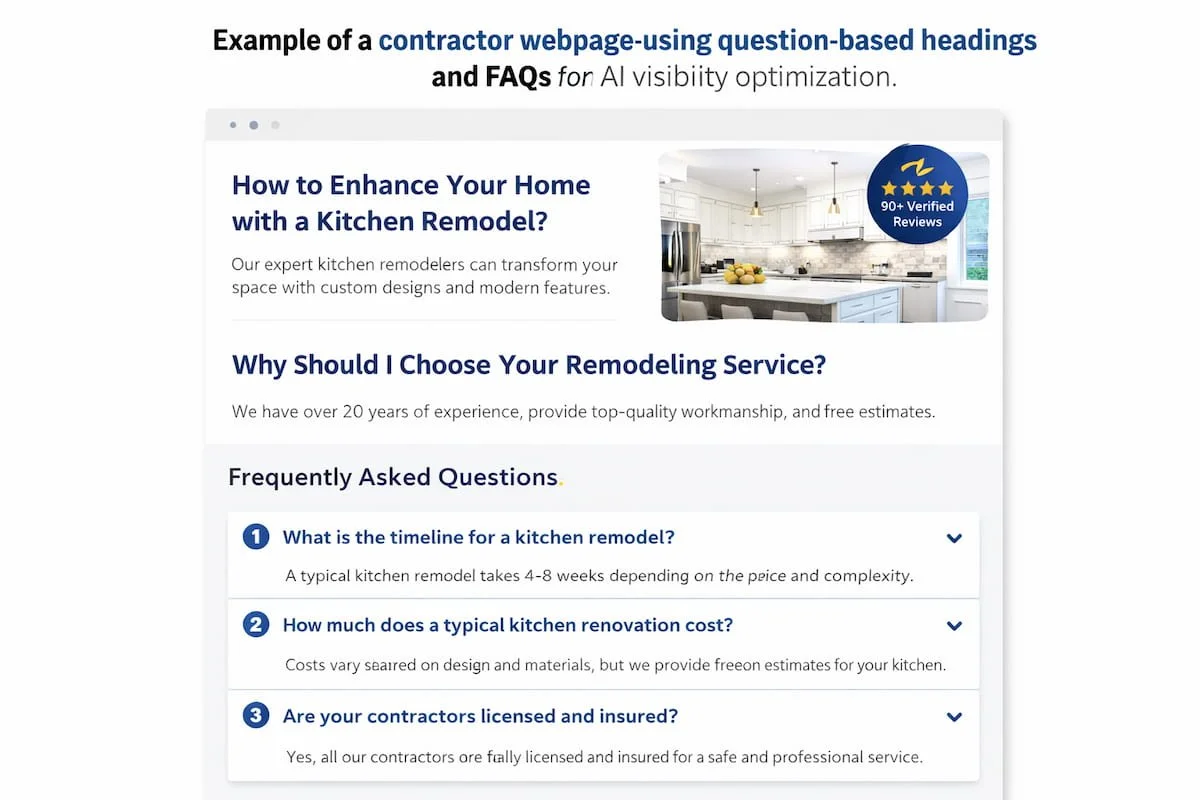 Example of a contractor webpage using question-based headings and FAQs for AI visibility optimization.