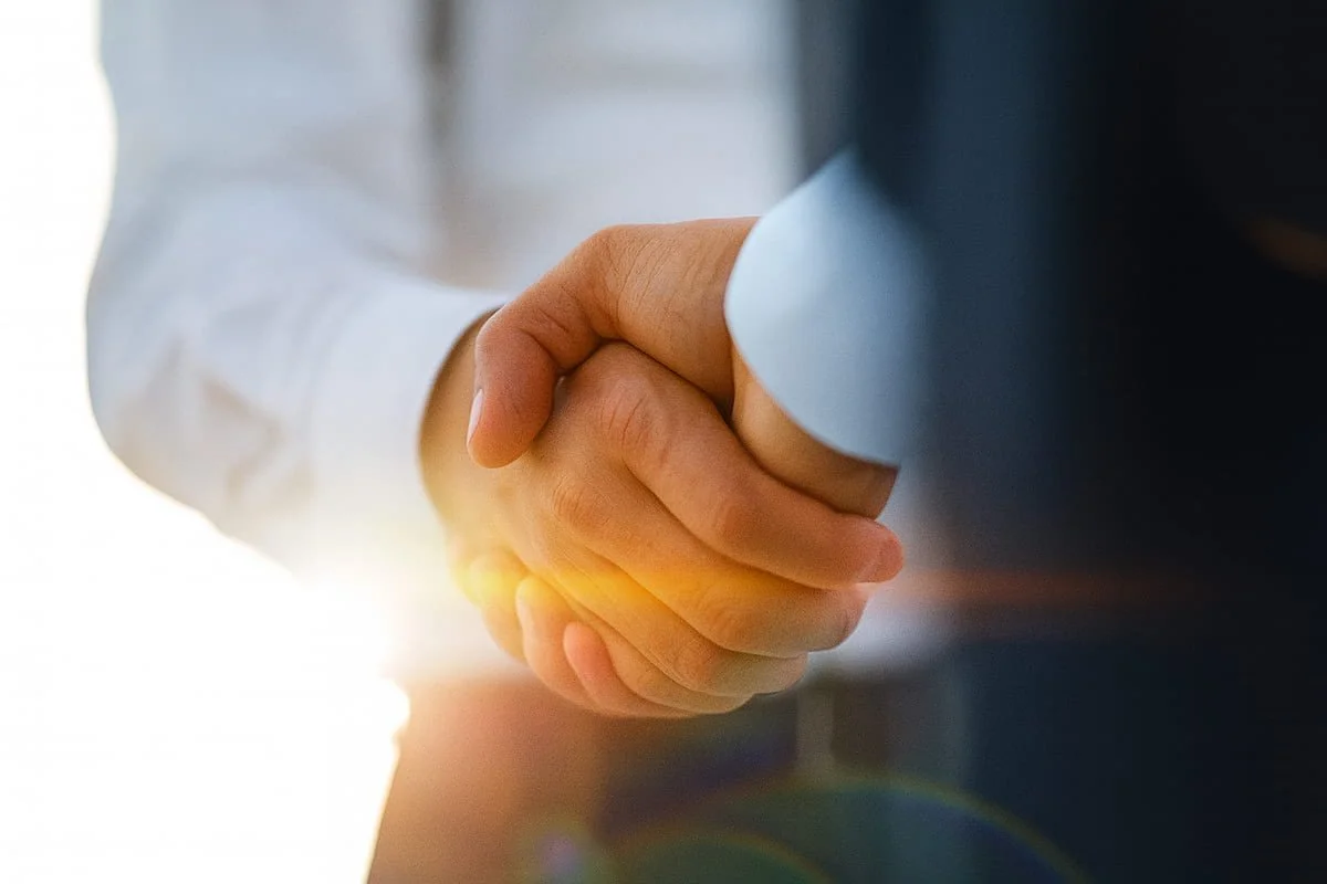 Two professionals shaking hands during a business consultation meeting.