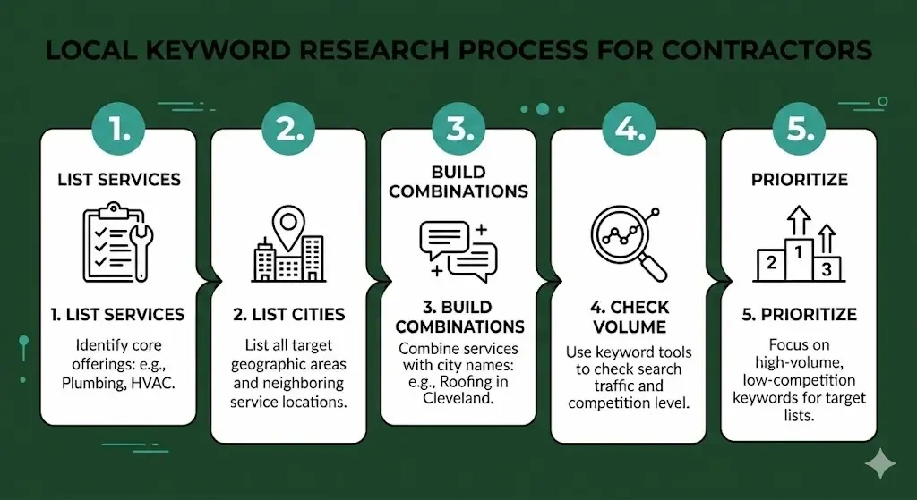 Five-step process graphic showing how contractors build a local keyword research list