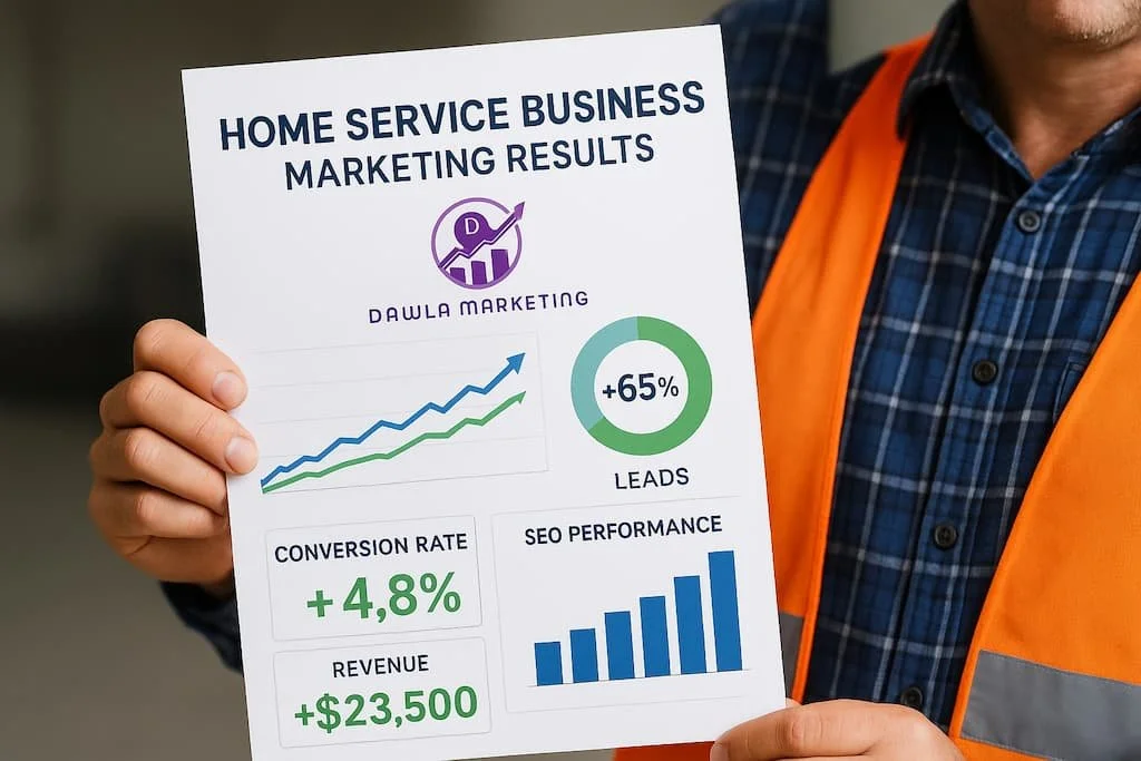Home service company reviewing SEO performance report showing growth in calls and visibility.
