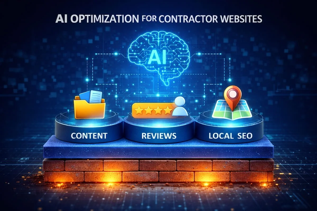 Diagram showing the foundation of AI optimization for contractor websites including content, reviews, and local SEO.