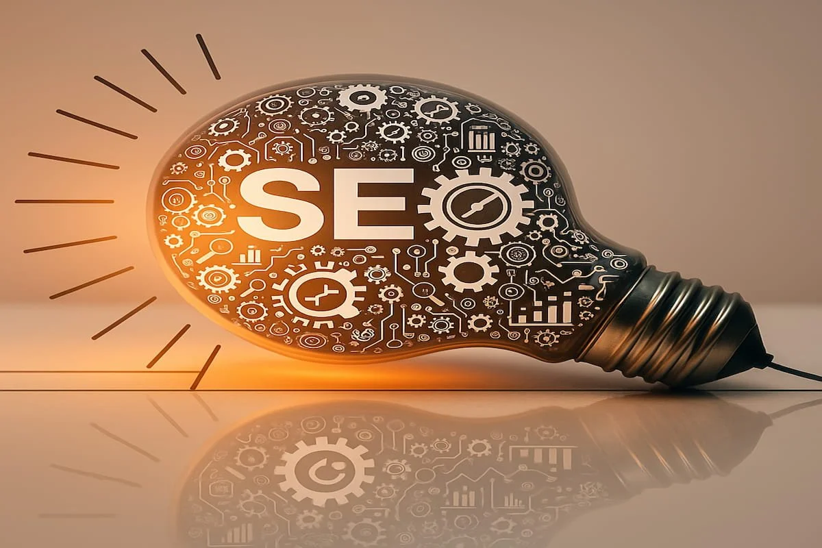 Lightbulb with SEO text and digital gear icons.