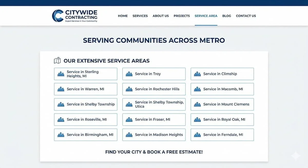 Contractor website showing multiple city-specific local SEO landing pages in the navigation