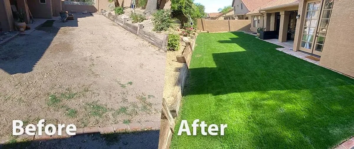 Before and after photo showing a backyard transformed from dry dirt to green grass.