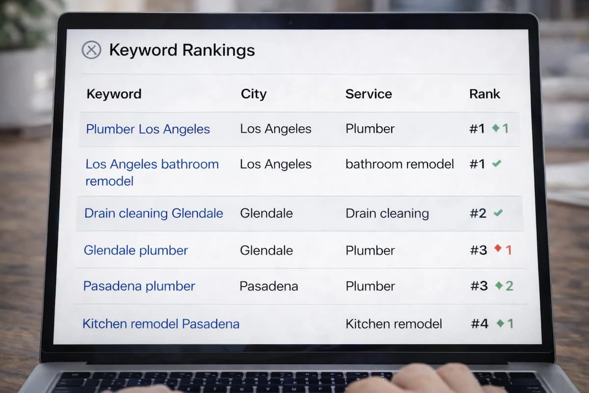 Contractor SEO ranking report tracking money keywords by city and service. Description: Measure contractor keyword rankings.