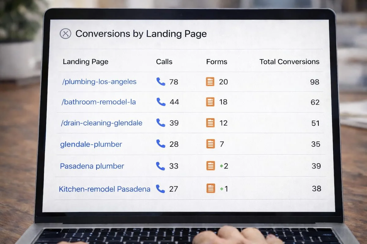 Conversion tracking report showing which contractor landing pages generate calls and forms.