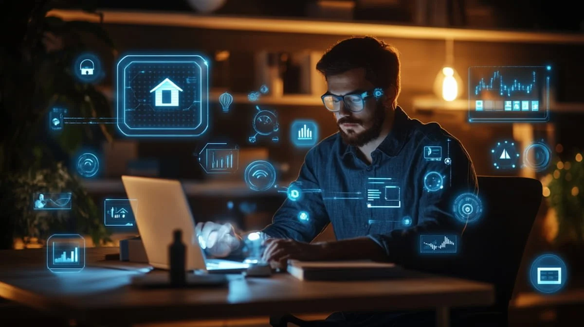 Contractor using AI SEO analytics dashboard for home services with digital data and charts glowing on screen.