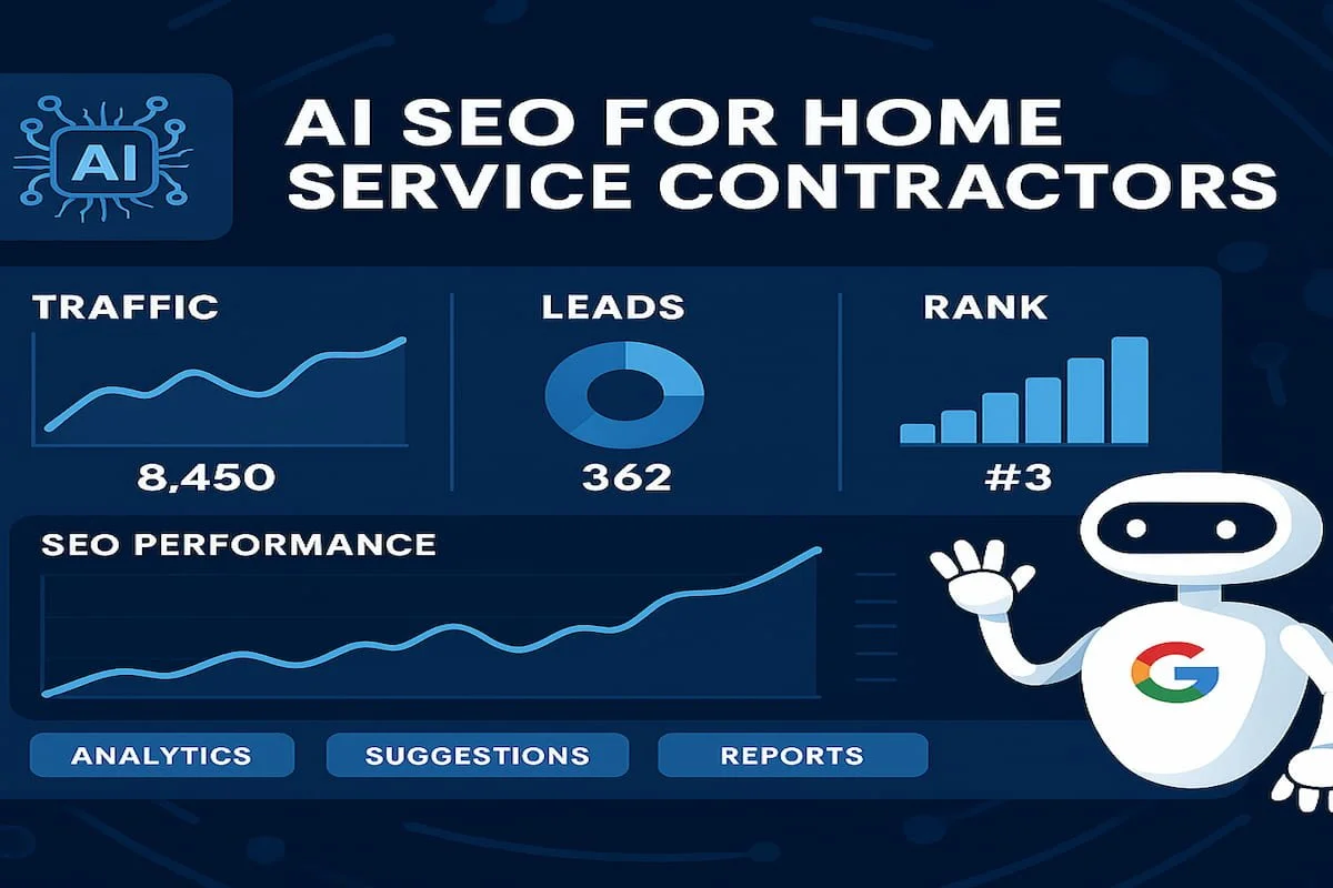 AI SEO for home service contractors dashboard showing traffic, leads, and ranking performance.