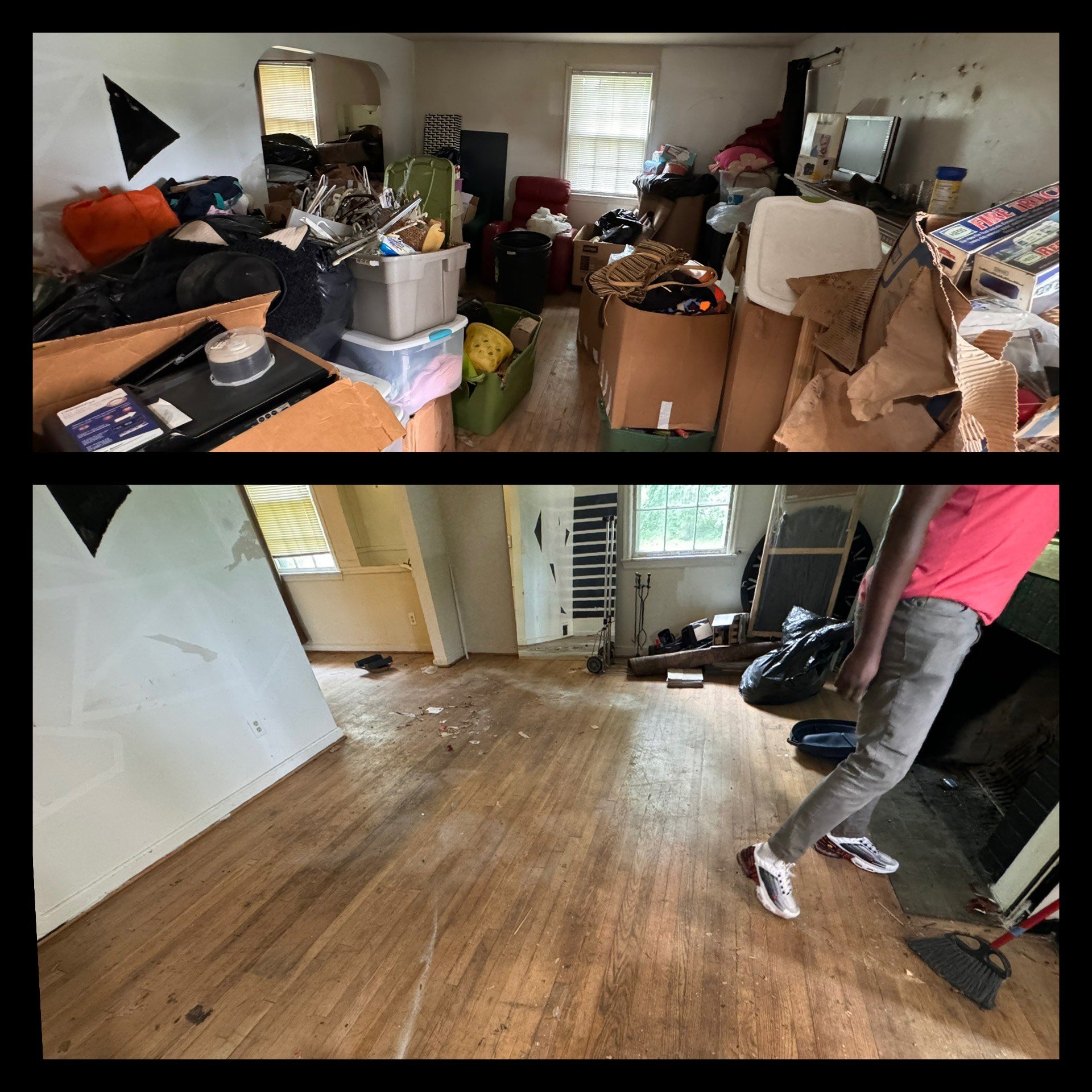 Side-by-side comparison of a cluttered room with boxes and a cleared room with hardwood floors and minimal items.