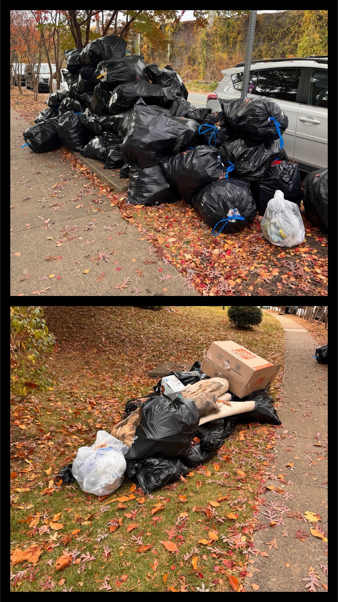 Two images showing piles of garbage bags on a sidewalk and grass, with autumn leaves scattered around.