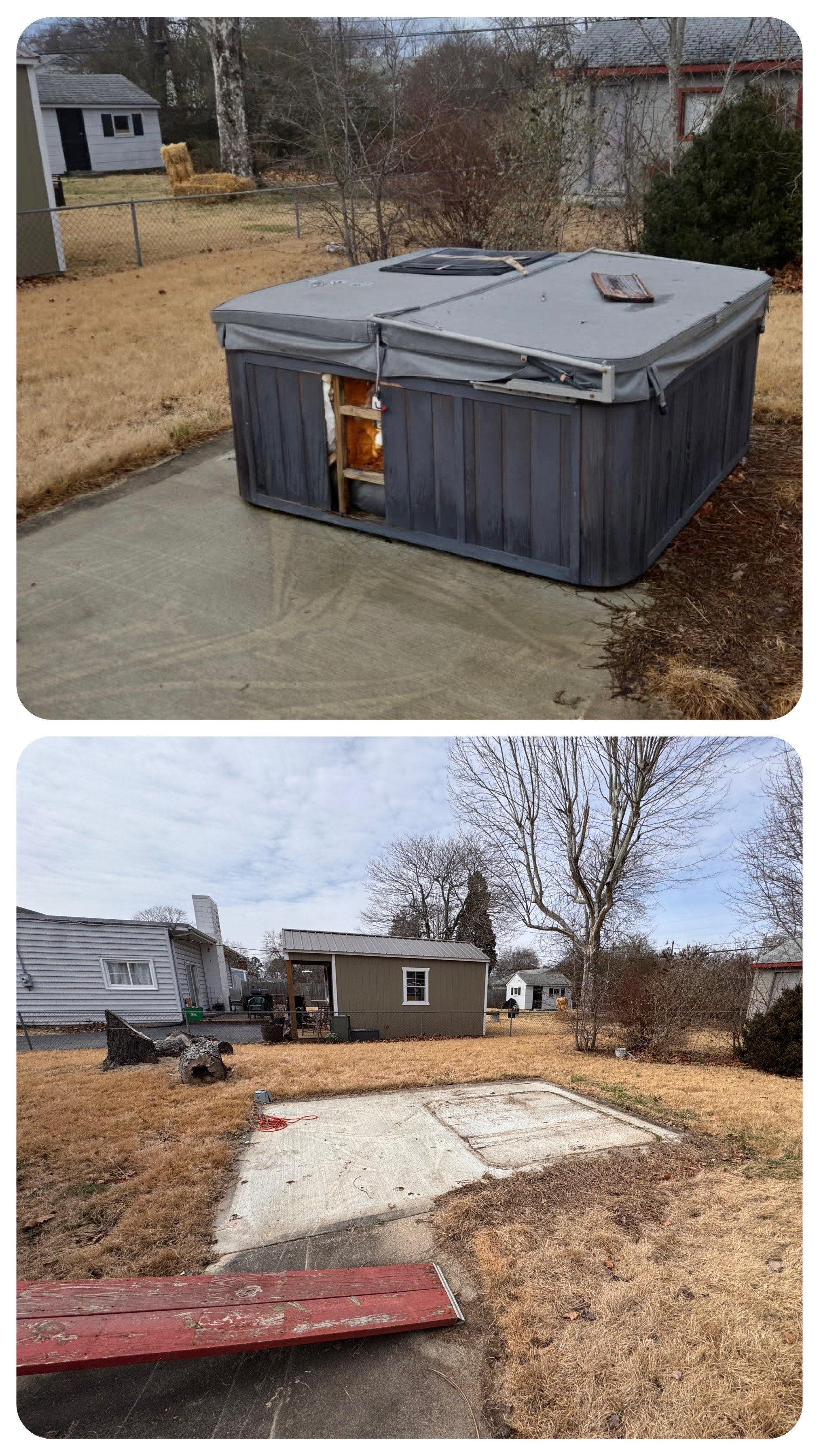 Two images of a backyard. The first image shows an old hot tub with a damaged cover and exposed insulation, sitting on a concrete slab with dry grass surrounding it. The second image shows a cleared concrete slab where the hot tub once sat, with a wo