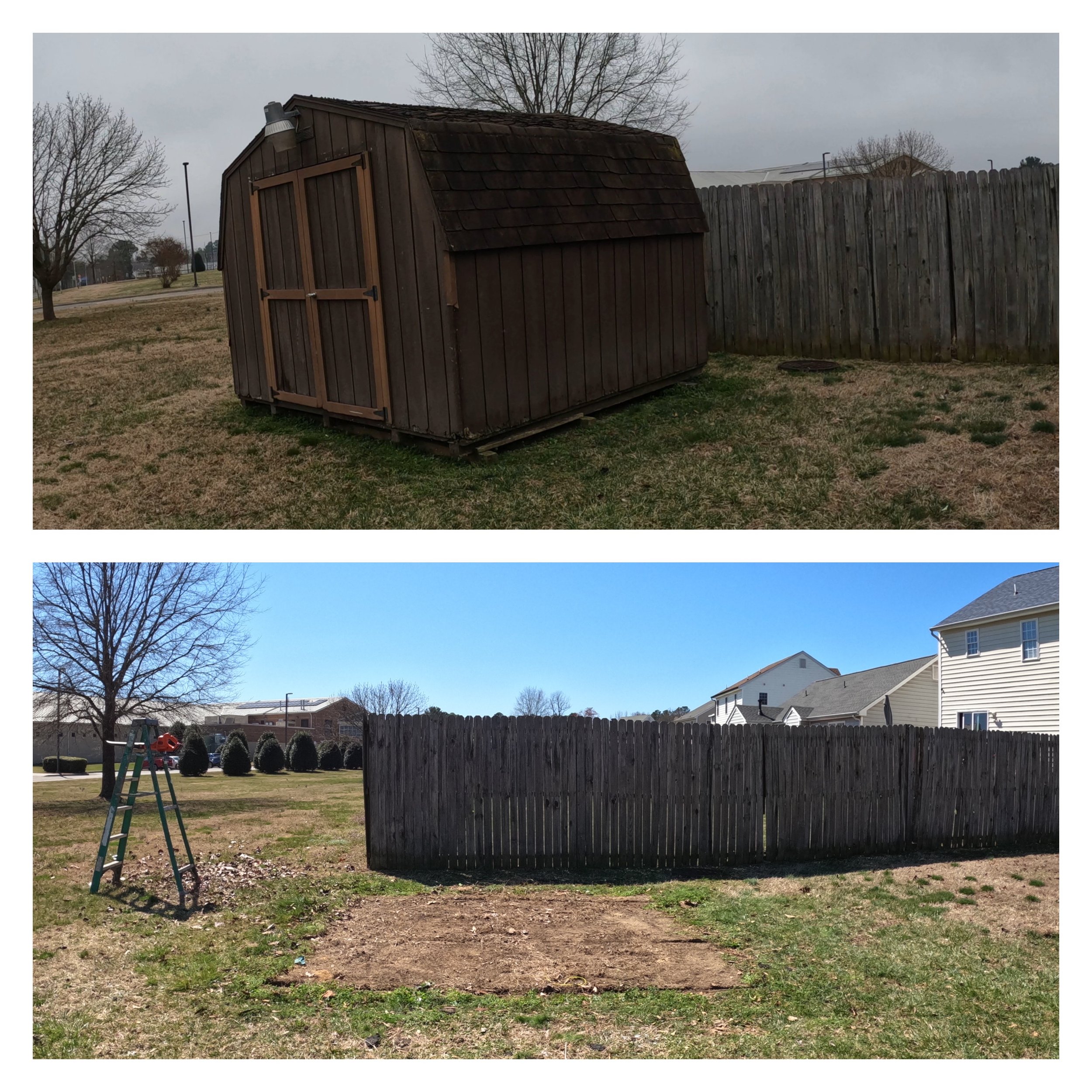 Top image shows a wooden shed near a fenced yard. Bottom image shows the same yard, now without the shed, revealing a bare patch of ground.