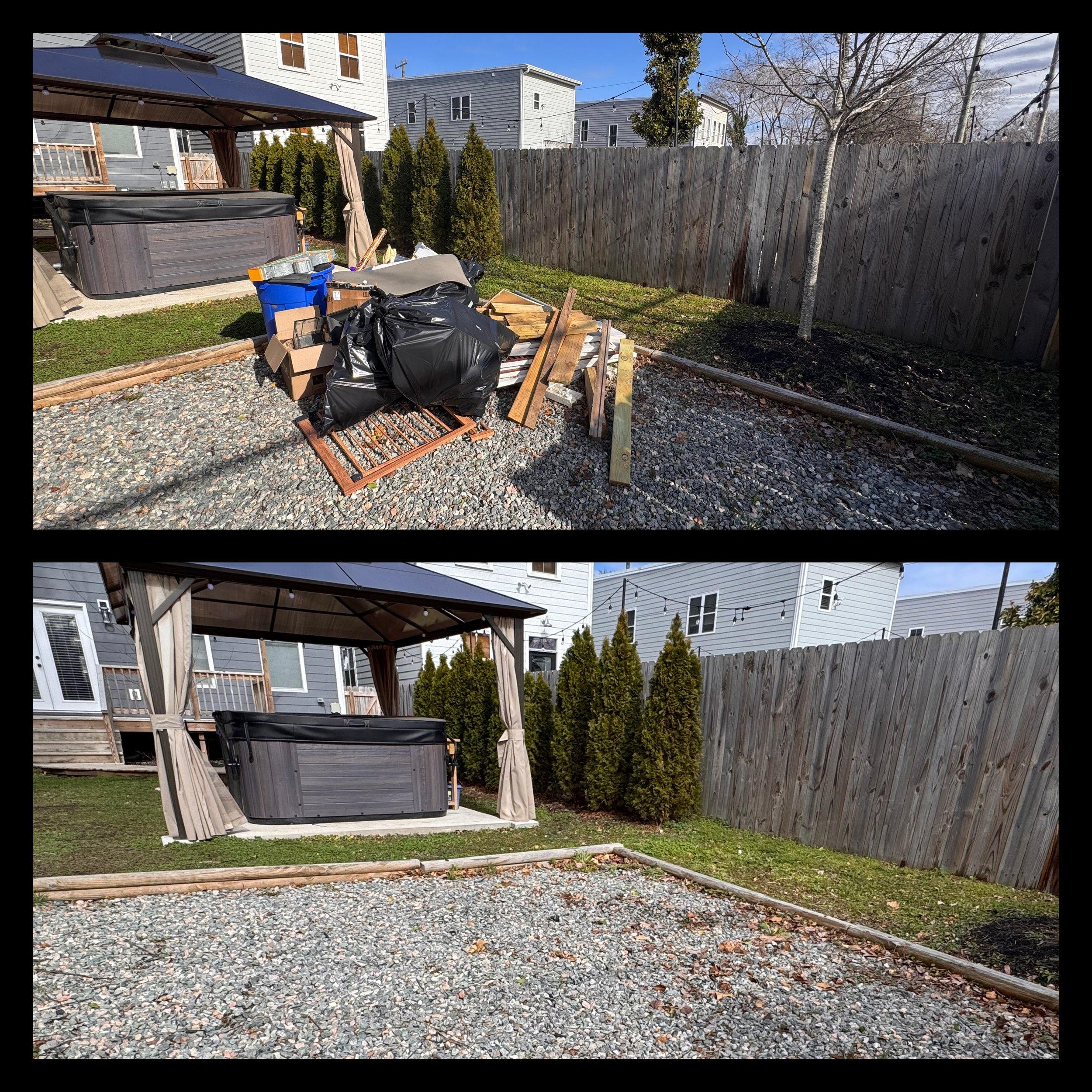 Two images of a backyard with a gazebo. The top image shows a pile of garbage with black bags, cardboard, and wood debris. The bottom image shows the same area cleaned up, with the gazebo and a hot tub in the background, and a gravel area in front.
