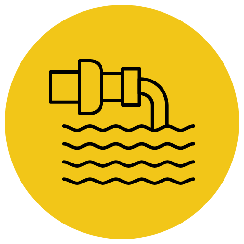Icon of a pipe discharging liquid into water in a yellow circle.