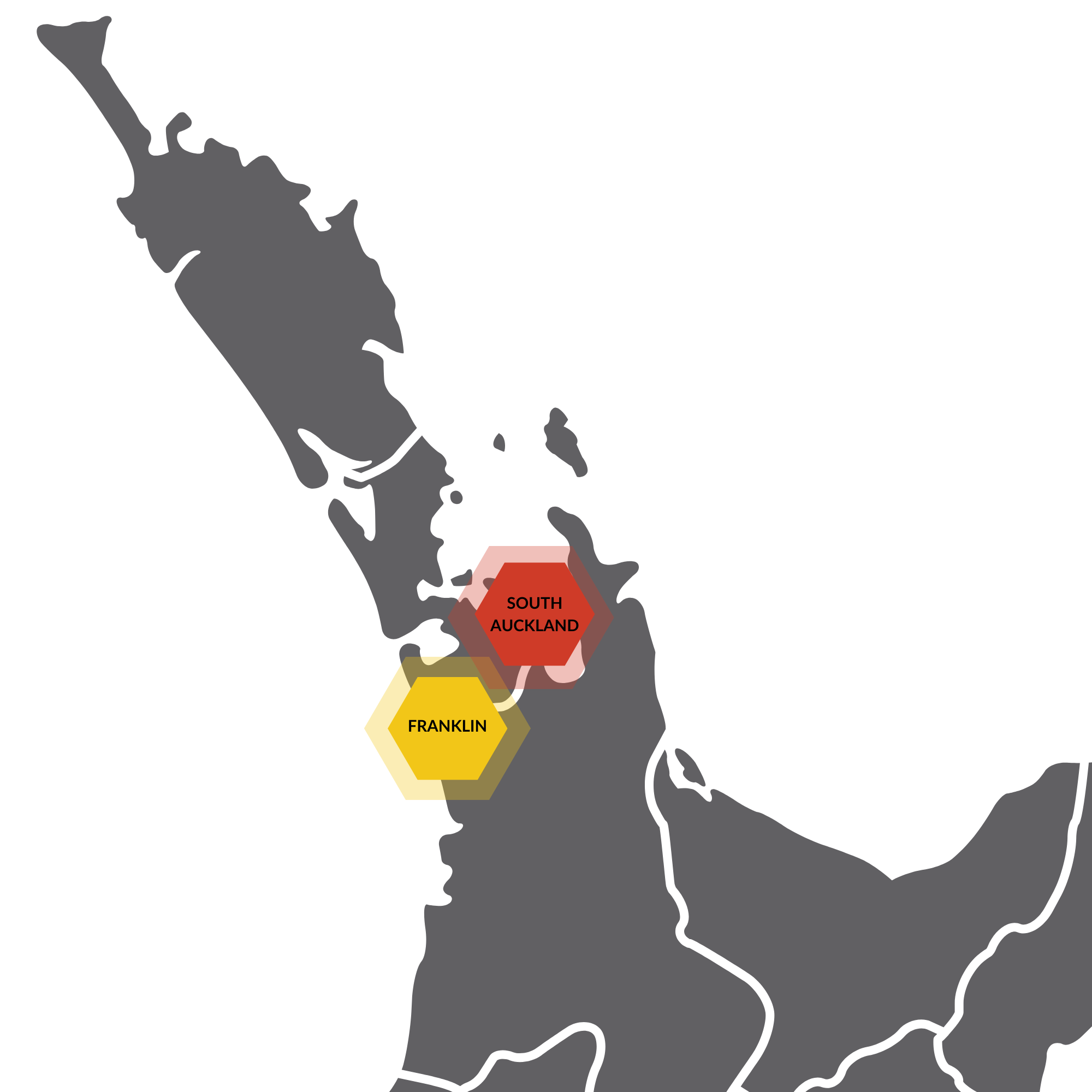 Map highlighting South Auckland in red and Franklin in yellow on New Zealand's North Island.
