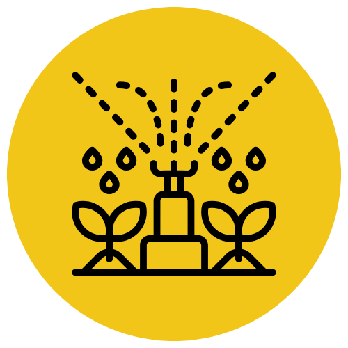 Icon of a sprinkler watering plants on a yellow circle background.