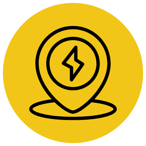 Yellow circle with a location pin icon featuring a lightning bolt inside.