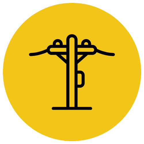 Icon of a utility pole with wires on a yellow background.