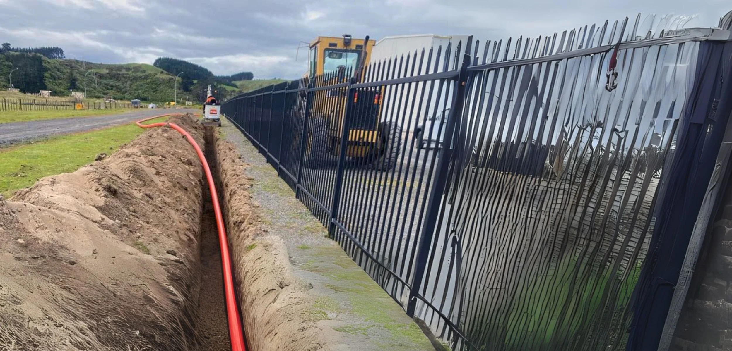 Trench with red pipe and construction vehicle near metal fence