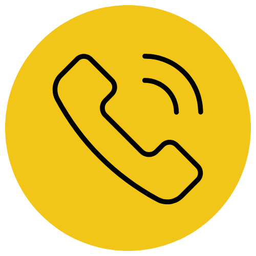 Black telephone icon with sound waves in a yellow circle