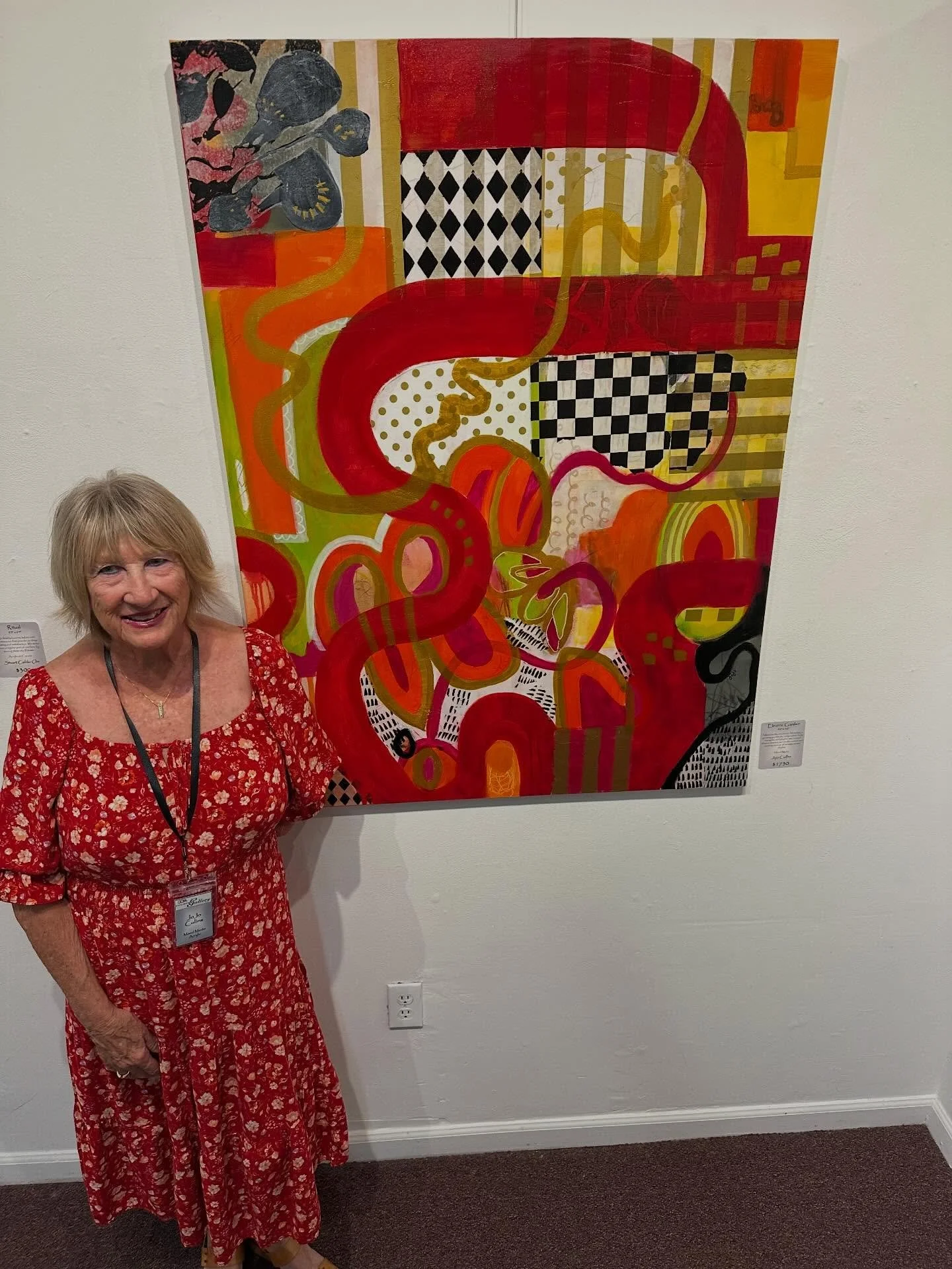 Opening reception at OCFA Showcase Gallery. My &ldquo;Electric Garden&rdquo; shining bright! #ocfa #acrylic_on_canvas #mixedmedia #interiordesign #jojoart