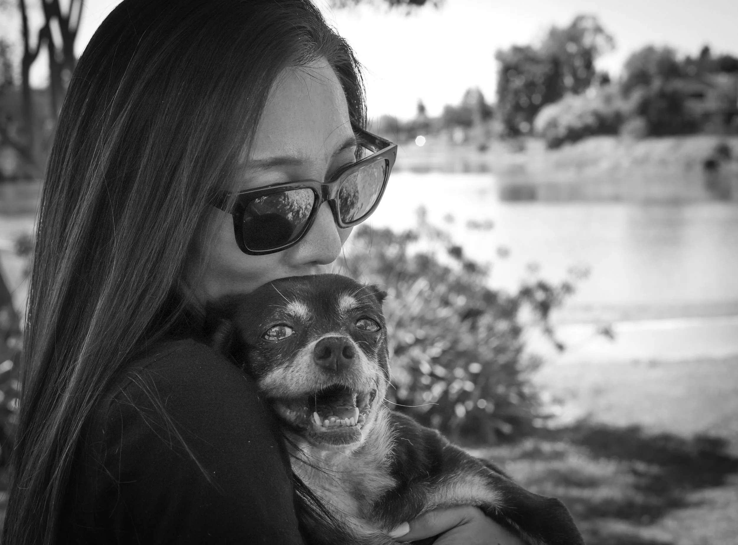 A woman wearing sunglasses holding a small dog near a body of water with trees in the background.