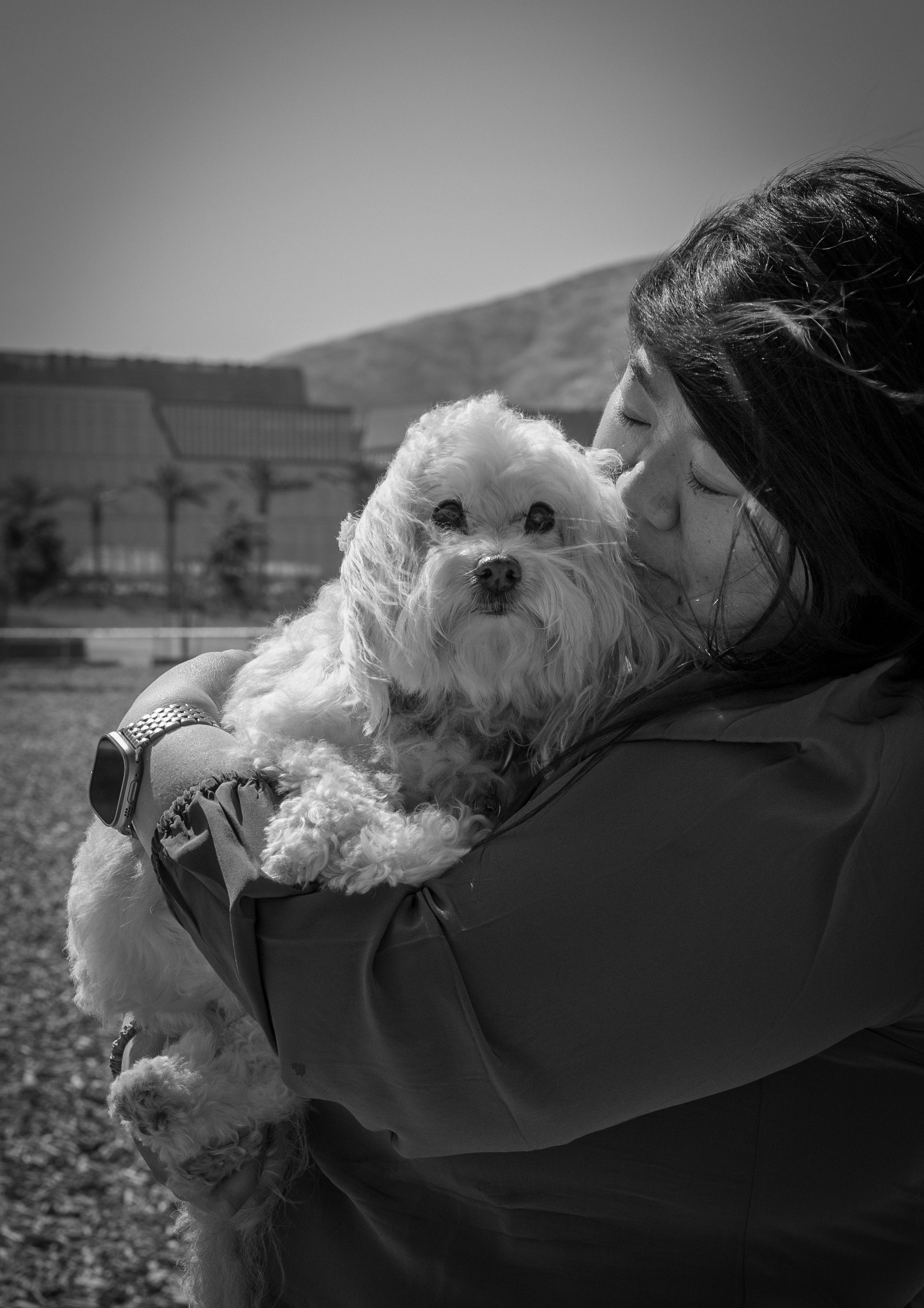 A woman holding a small dog in an outdoor setting, with a fence and hills in the background.