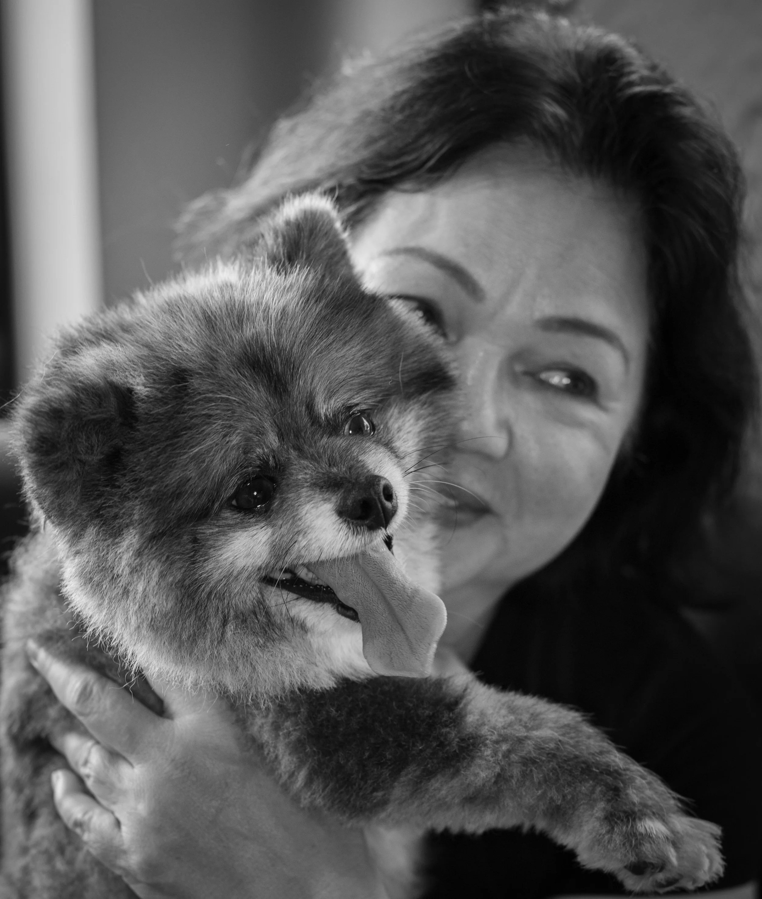 A woman holding a small dog with fluffy fur and a tongue sticking out.