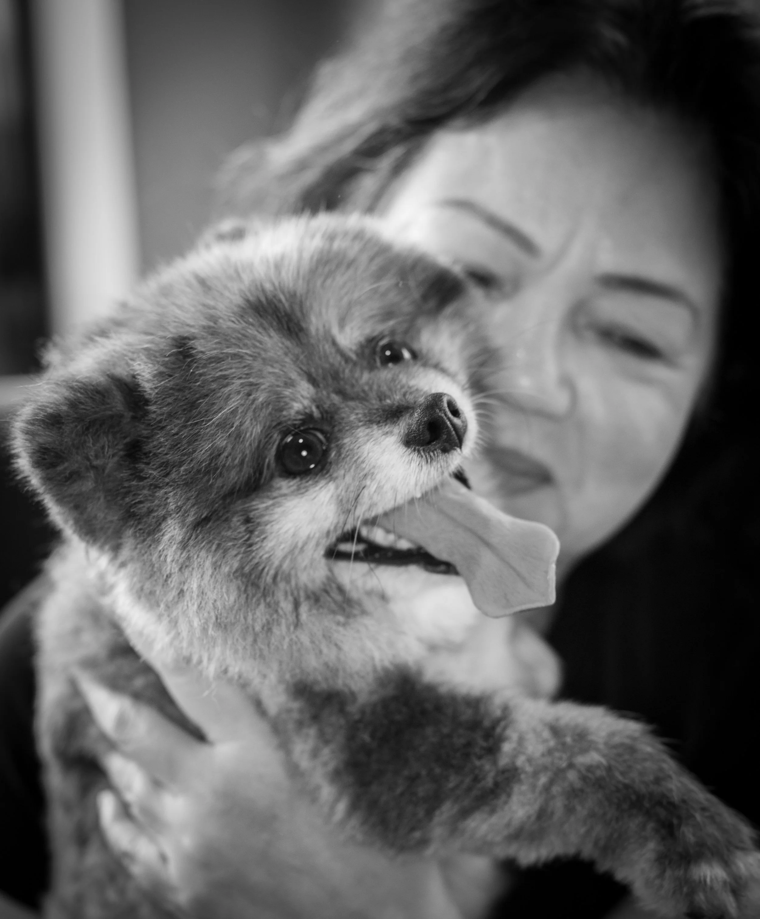 Black and white photo of a woman holding a small, fluffy dog close to her face. The dog has its tongue out and bright eyes, appearing happy.