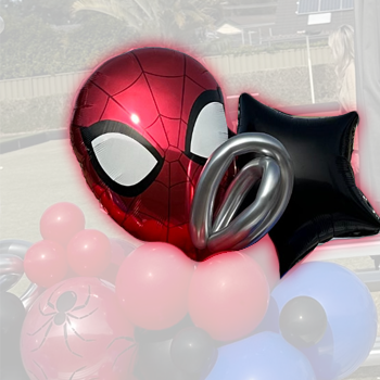Spider-Man themed balloons, including a large Spider-Man face, a silver number two, and a black star-shaped balloon, surrounded by pink and white balloons.