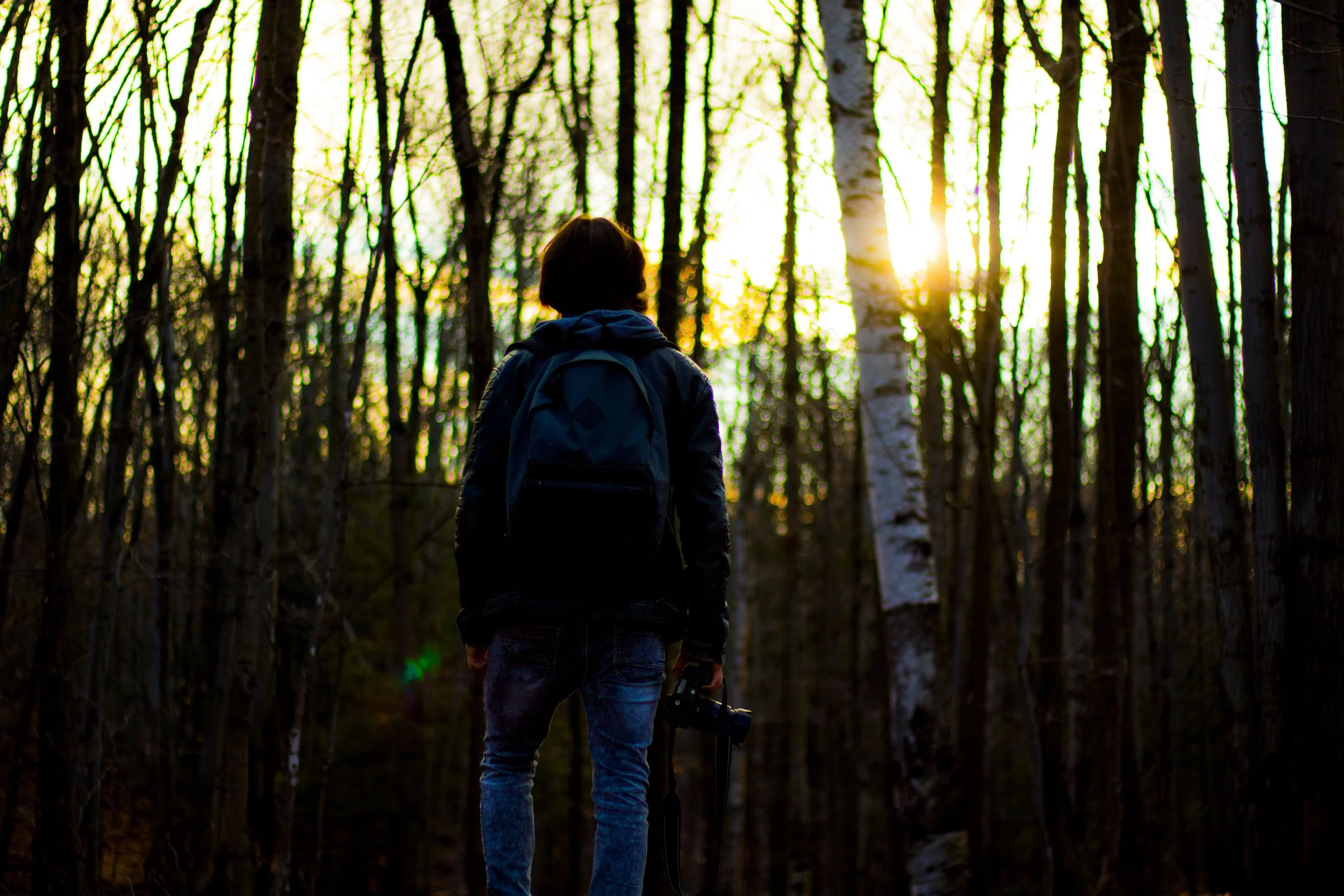 A teenager with a camera backlit by sunrise in an autumn forest, representing the individuality and inner life of teenagers who carry more than most people around them can see
