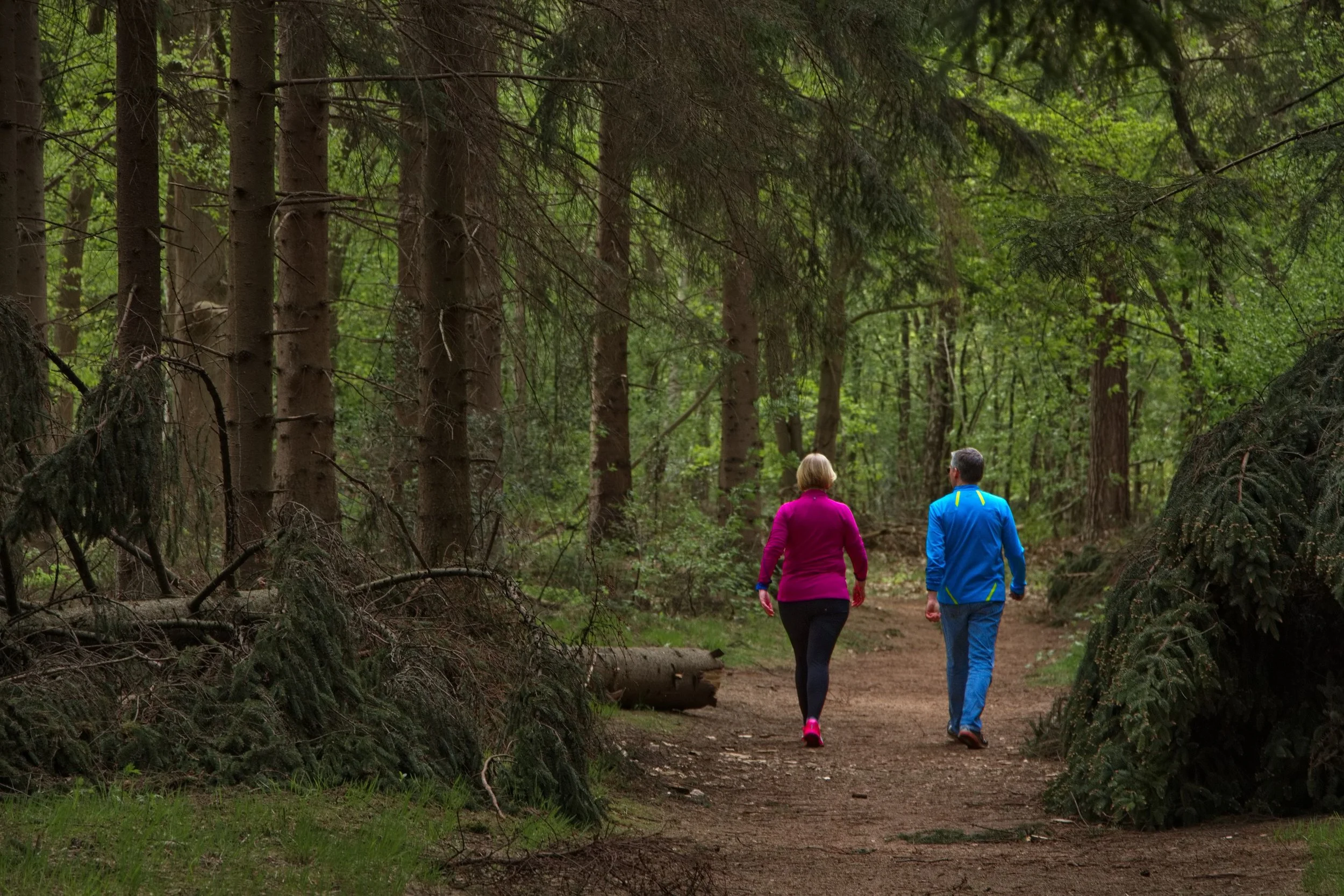 Middle-aged couple walking side by side on a forest trail during a quiet moment together.