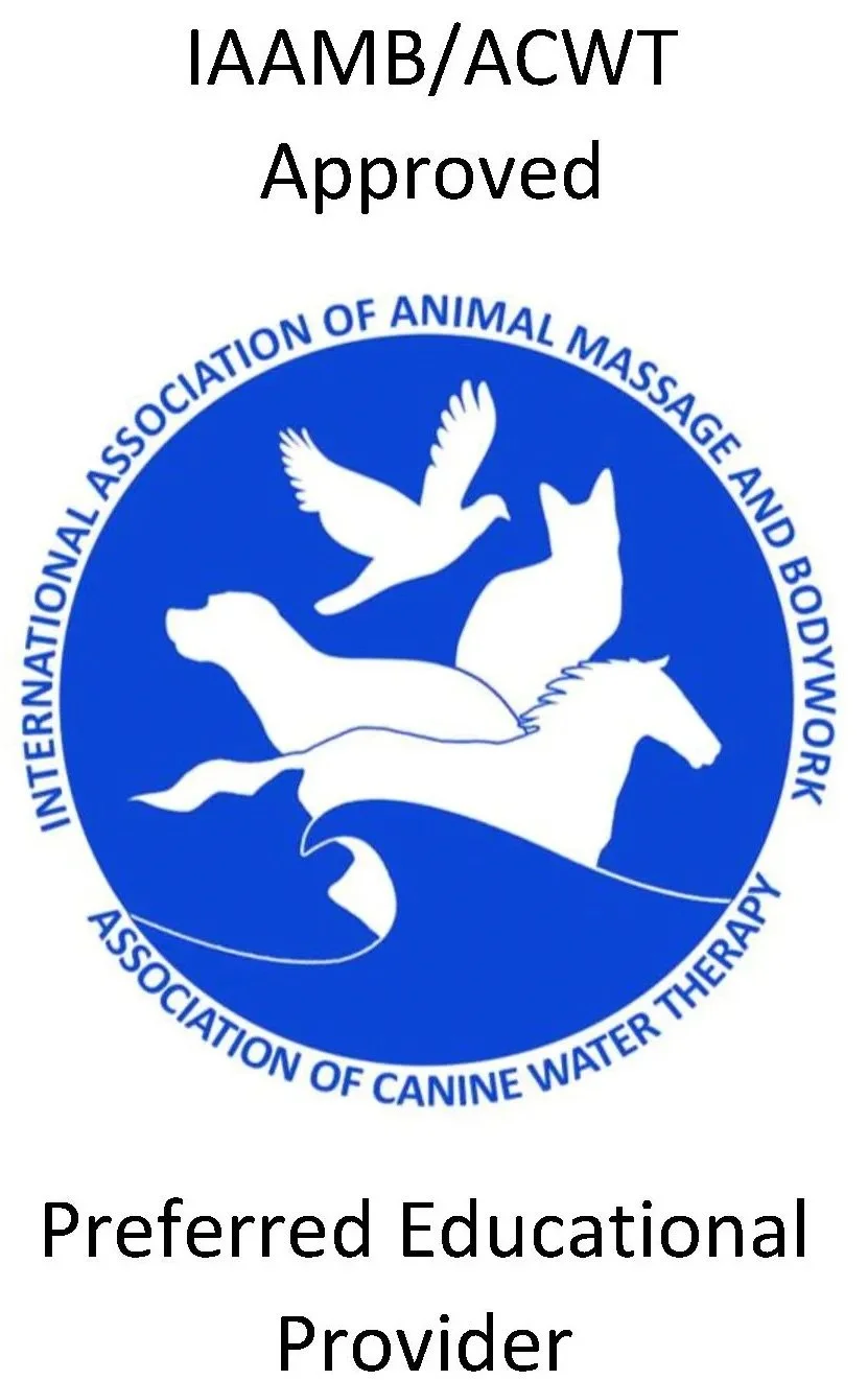 Certification logo for the International Association of Animal Massage and Bodywork with symbols of a bird, a cat, a dog, and a horse in a blue circle, and the text 'IAAMB/ACWT Approved' and 'Preferred Educational Provider' above and below the circle.