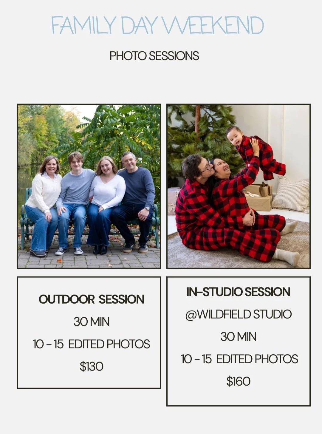New year, new memories! Who&rsquo;s ready for family photos?
And what better time than Family Day weekend to capture them! 

Family Day sessions now booking:
Feb 15: Outdoor
Feb 16: In-studio (Family Day only!)
Limited spots &mdash; DM me or book thr