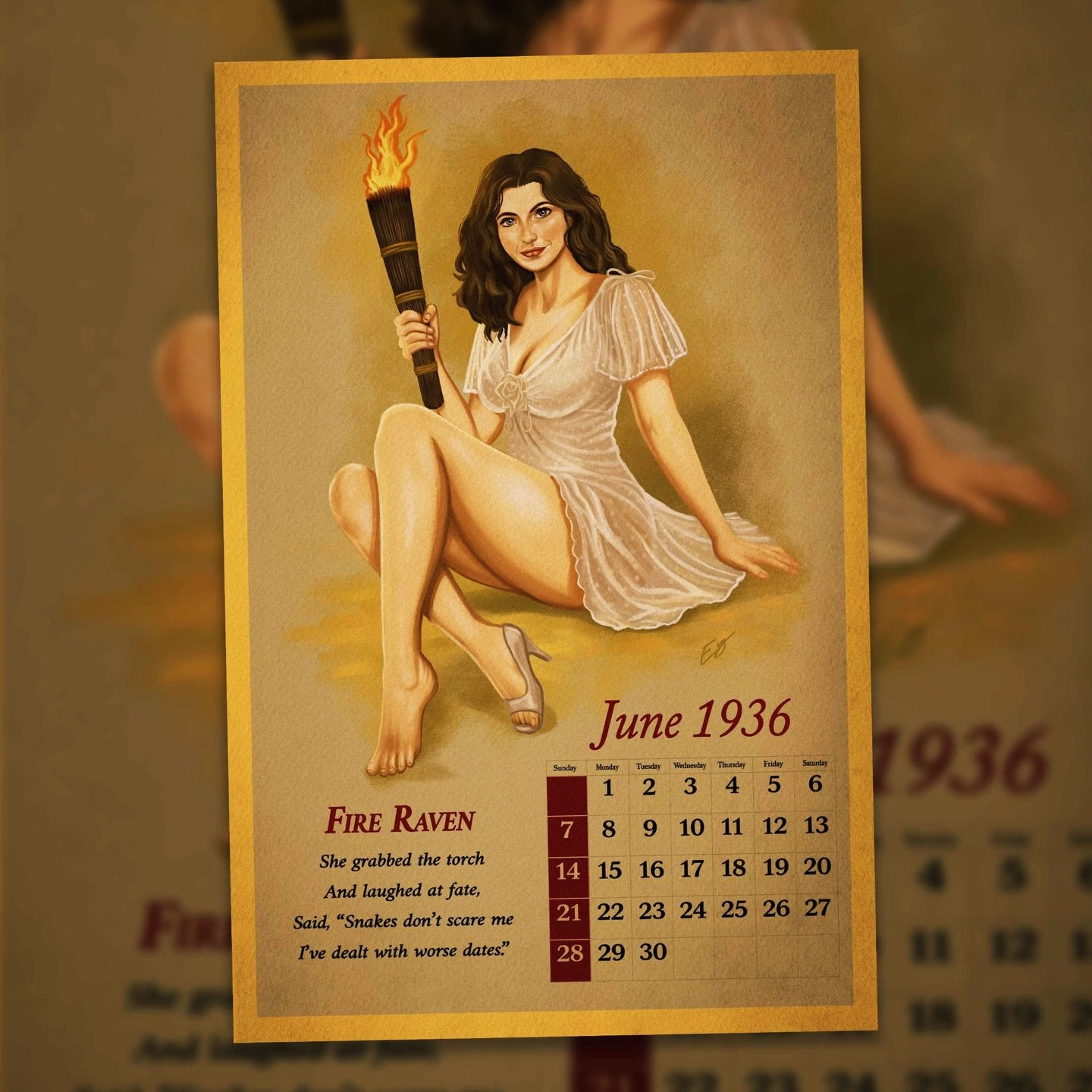 Fire Raven &middot; June 1936 🔥

Painted digitally using Clip Studio Paint oil brushes to mimic the warmth and imperfections of classic pin-up calendar art.

This is the first of what may become a larger series&mdash;the main 3 girls and year the fi