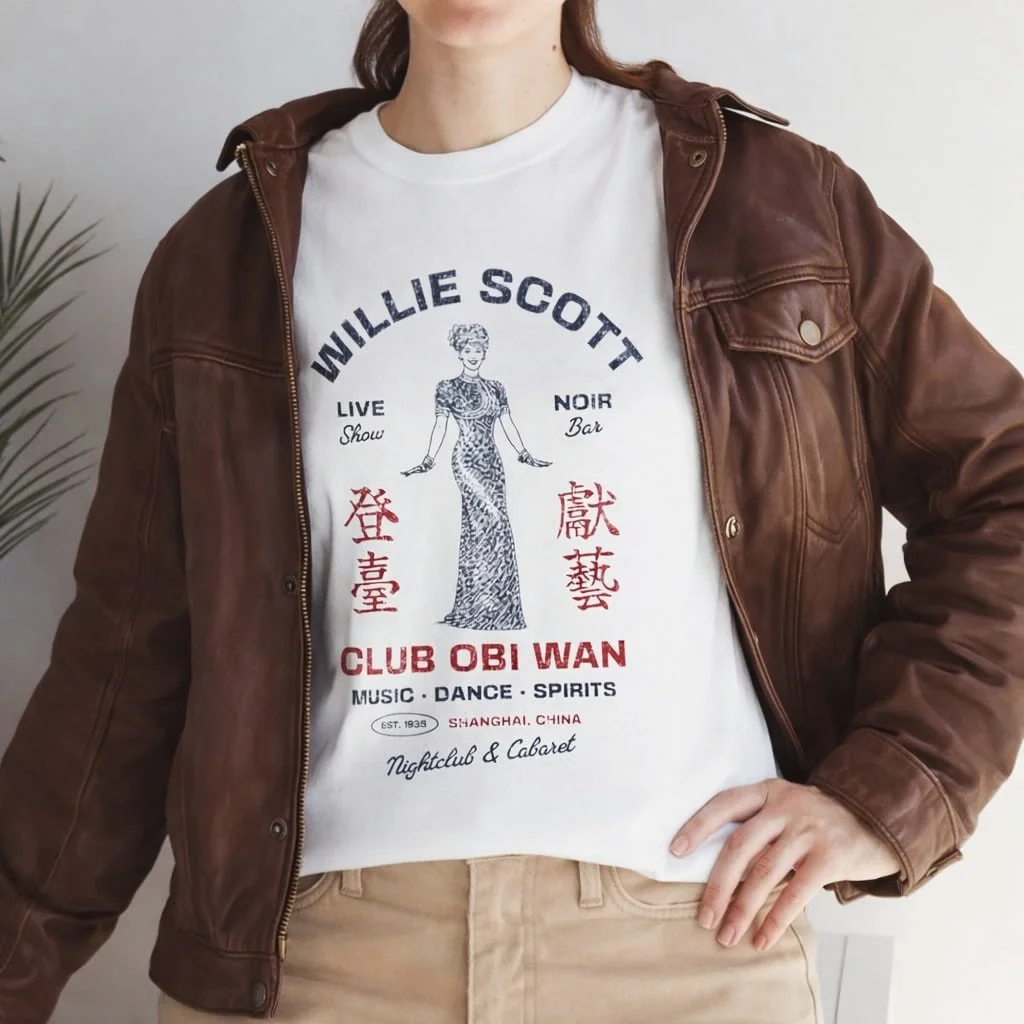 A little Shanghai. A little adventure.
The Willie Scott / Club Obi Wan tee is now available in my Etsy shop.

Vintage-inspired, subtle, and simple&mdash;designed to feel like a real piece from the era, not a movie still or the typical title graphic. 