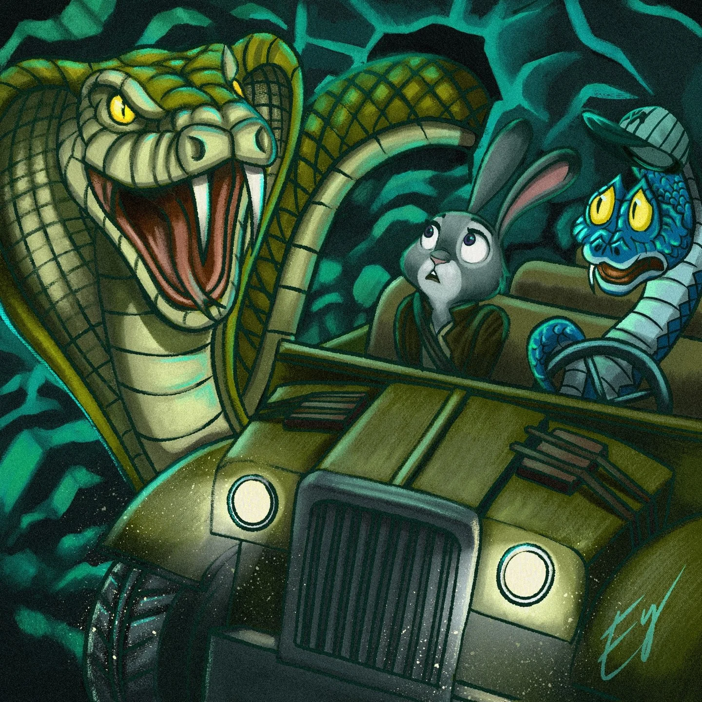 Drew Gary D&rsquo;Snake (aka Short Round energy 🐍) and Judy Hopps 🐰 &mdash; inspired by the real-life ride moment and reimagined as their animated counterparts.

Featuring @kehuyquan as Gary D&rsquo;Snake and @ginnifergoodwin as Judy Hopps, dropped