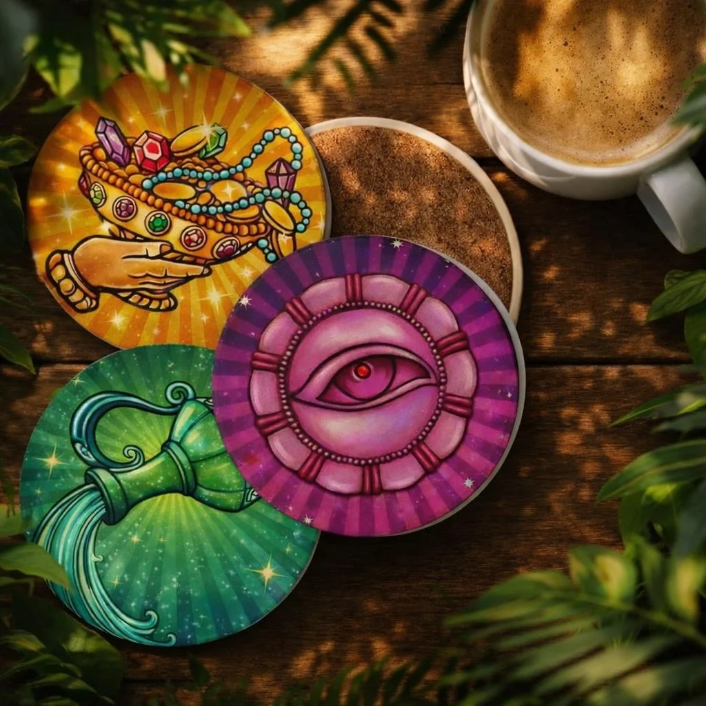 ☕🗿 Temple of the Forbidden Eye 3 Gifts Ceramic Coasters
Set your drink down like you&rsquo;re inside the temple itself.
These coasters bring adventure to your coffee break... 🌿✨
Details:
&bull; Durable ceramic face...heat resistant &amp; easy to cl