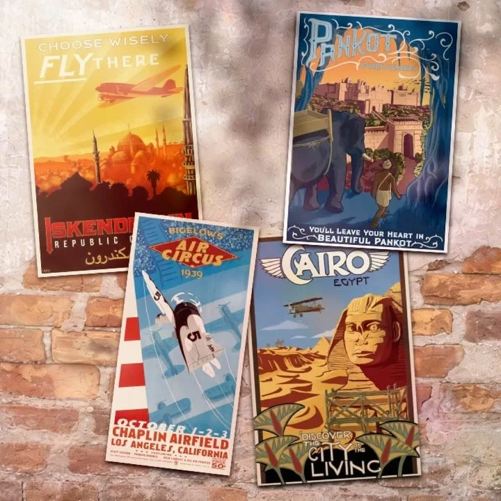 Pulled straight from the world of Jock Lindsey&rsquo;s Hangar Bar, these vintage posters are back...better than ever.
I originally recreated these in 11&times;17 a couple of years ago. You can still spot the originals inside the Hangar Bar at Walt Di