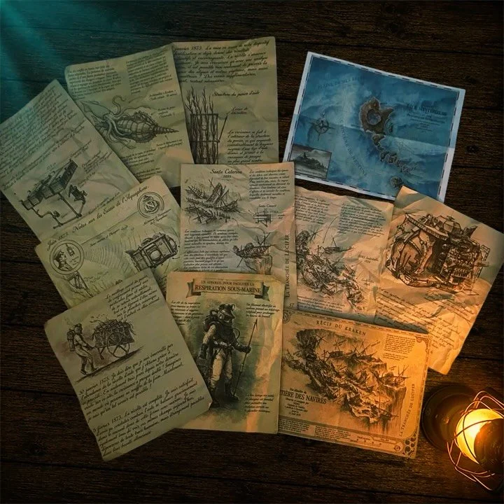 Available in the Etsy shop. More details in the Bio. 20,000 Leagues Under the Sea &ndash; Captain Nemo Paper Notes (Set of 11)
Vintage Nautical / Explorer-Inspired Replica Collection

Step into the world of Captain Nemo with this set of 11 aged paper